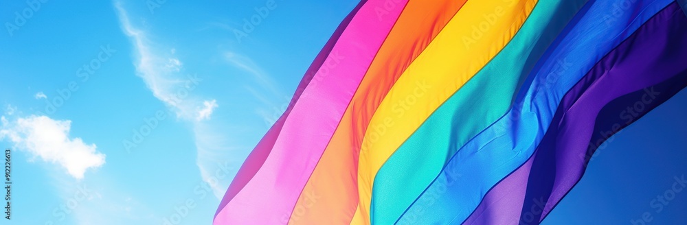 Obraz premium Rainbow LGBT flag flying in the wind on blue sky with sun shining through background, closeup
