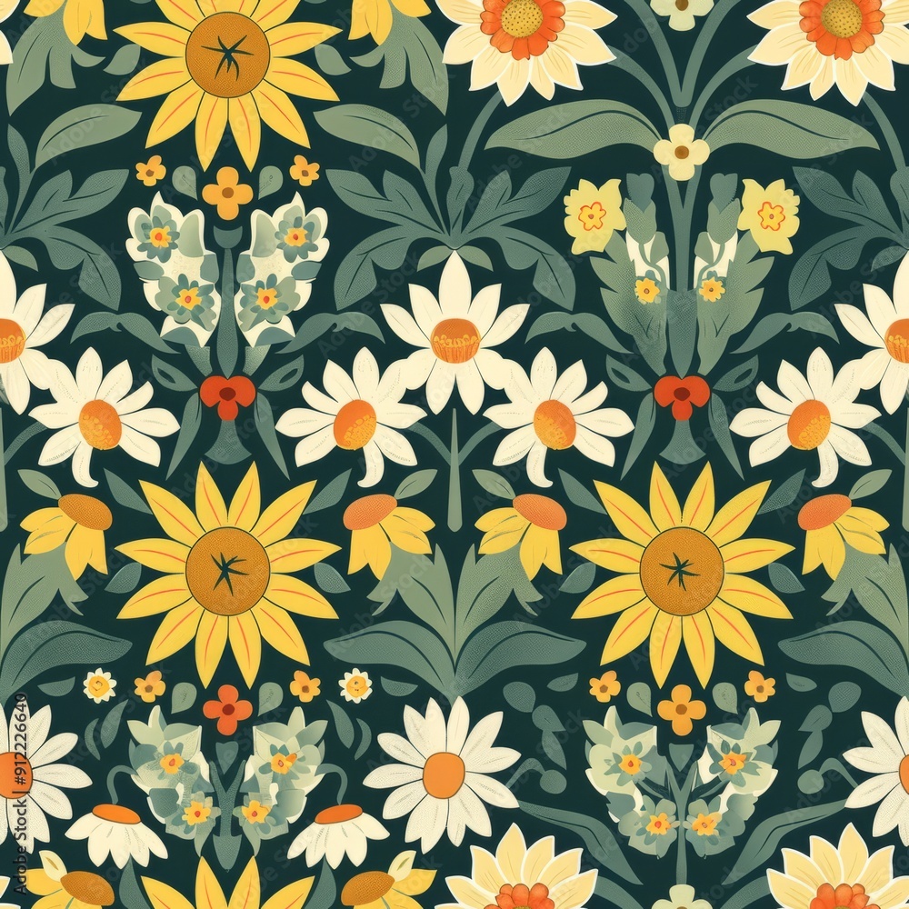 Seamless pattern of stylized sunflowers and daffodils in a garden motif Seamless pattern of stylized sunflowers and daffodils in a garden motif