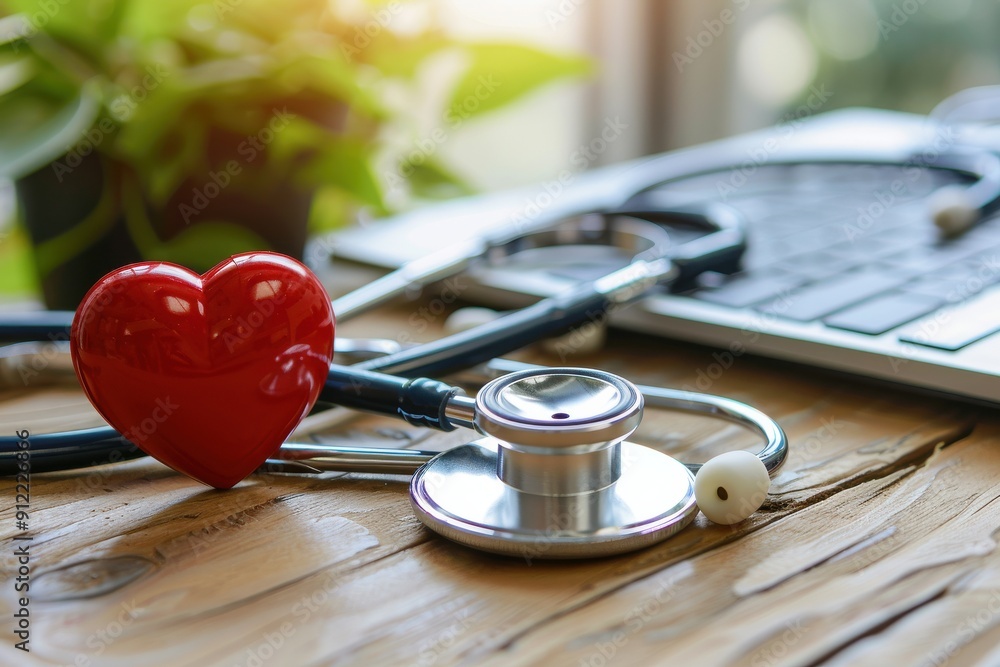 A heart is placed on a table next to a stethoscope A heart is placed on a table next to a stethoscope