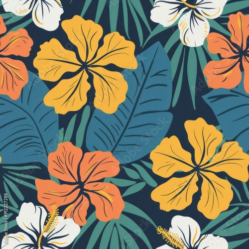 Seamless pattern of tropical blooms like hibiscus and frangipani