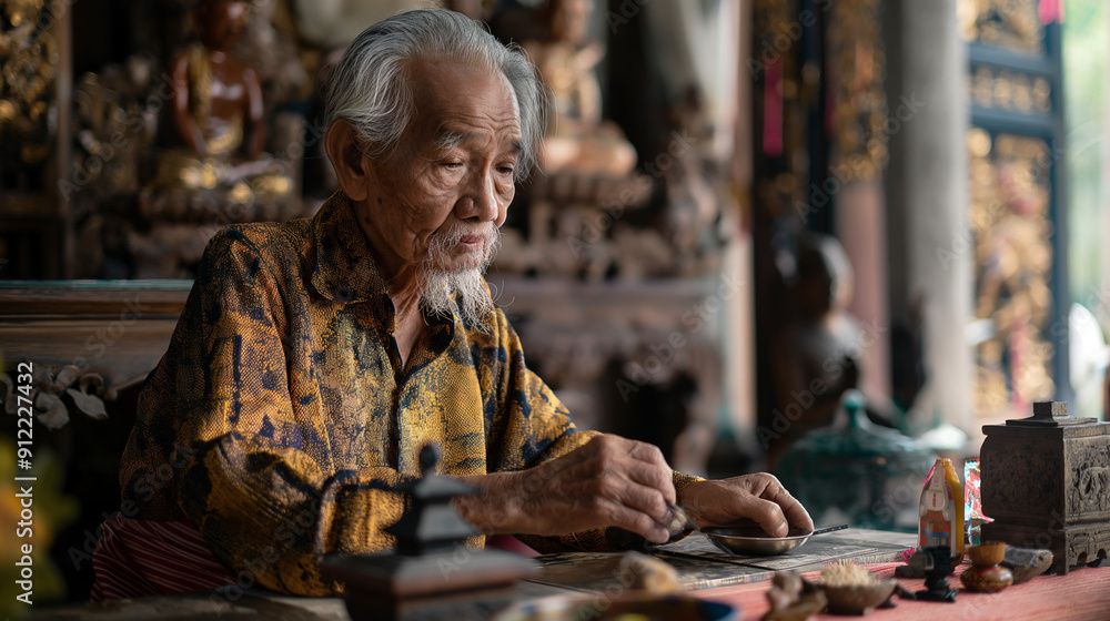 Elderly man leading ancestral rites ceremony Elderly man leading ancestral rites ceremony