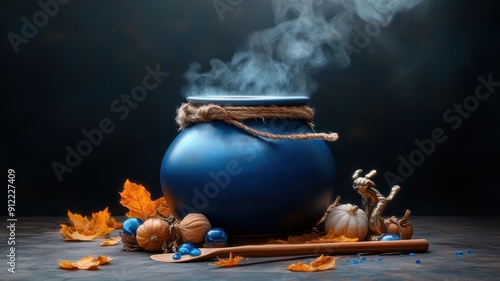 Whimsical depiction of cauldron surrounded by playful familiars. photo