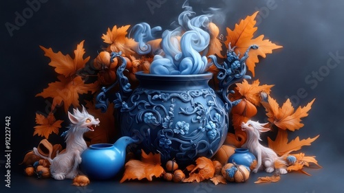 Whimsical depiction of cauldron surrounded by playful familiars. photo