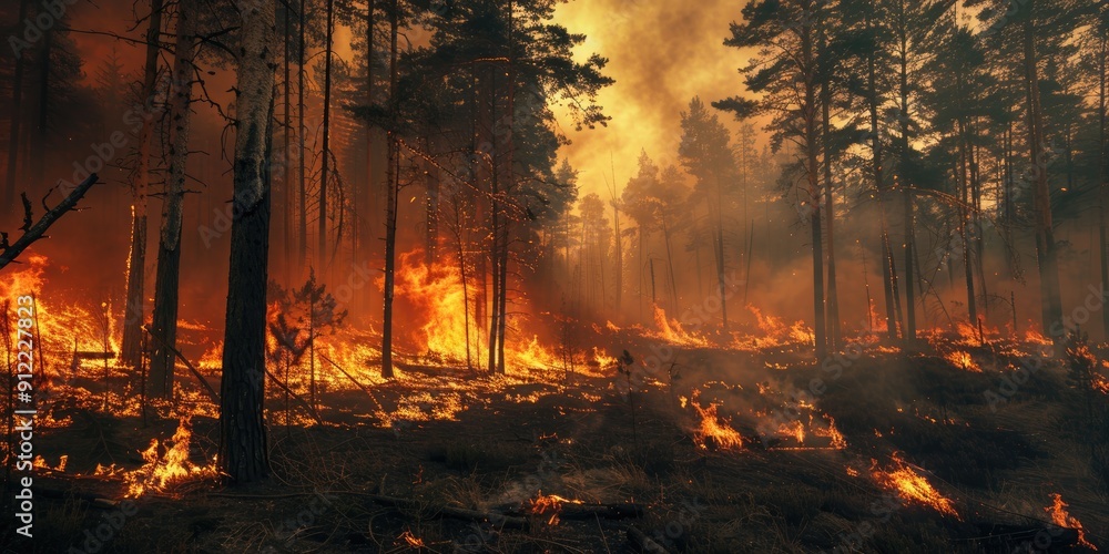 Forest fire and billowing dark smoke engulfing pine stands with flames beginning to harm the trunk The entire area consumed by the blaze Forest fire and billowing dark smoke engulfing pine stands with flames beginning to harm the trunk The entire area consumed by the blaze