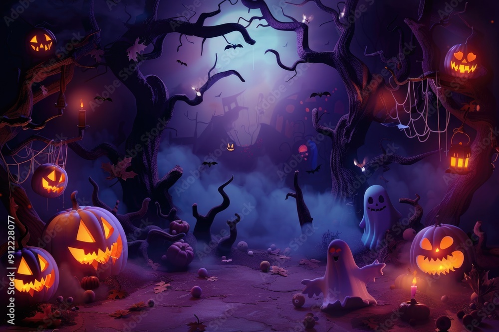 Festive Halloween Night Scene with Jack-o'-Lanterns, Ghosts, and Spooky Atmosphere – Perfect for Posters or Cards Festive Halloween Night Scene with Jack-o'-Lanterns, Ghosts, and Spooky Atmosphere – Perfect for Posters or Cards