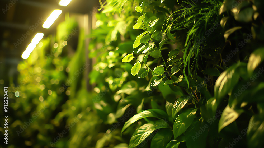 A high-tech plant wall with robotic care systems and bioluminescent foliage A high-tech plant wall with robotic care systems and bioluminescent foliage
