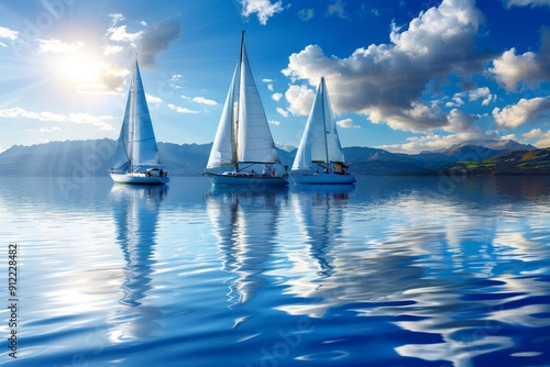 Sailboats on Lake, Scenic View. Sailing Boats on Calm Water with Mountains Background photo