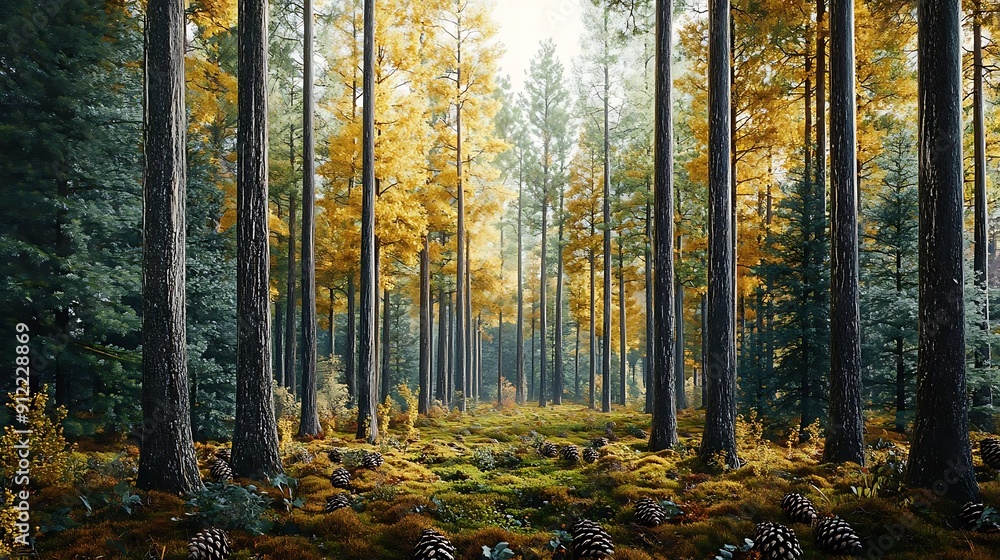 Autumn Forest Scene Illustration with Pine Trees, Yellow Leaves, and Pine Cones Autumn Forest Scene Illustration with Pine Trees, Yellow Leaves, and Pine Cones