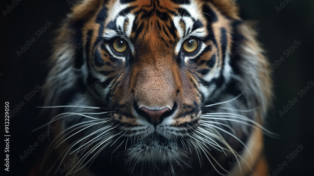 Fototapeta premium Close-up of a tiger's face with intense eyes and detailed fur, capturing its majestic and powerful presence. The sharp focus emphasizes the animal's wild beauty and strength.