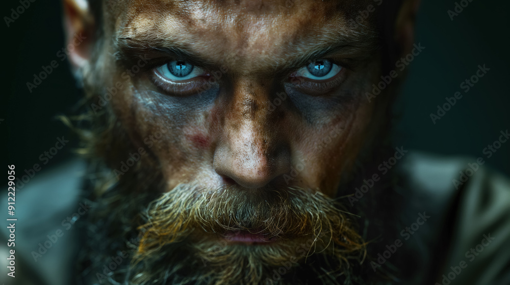 Man with a rugged appearance and intense blue eyes, covered in dirt and grime. The close-up shot emphasizes his fierce and determined expression, highlighting a sense of resilience. Man with a rugged appearance and intense blue eyes, covered in dirt and grime. The close-up shot emphasizes his fierce and determined expression, highlighting a sense of resilience.