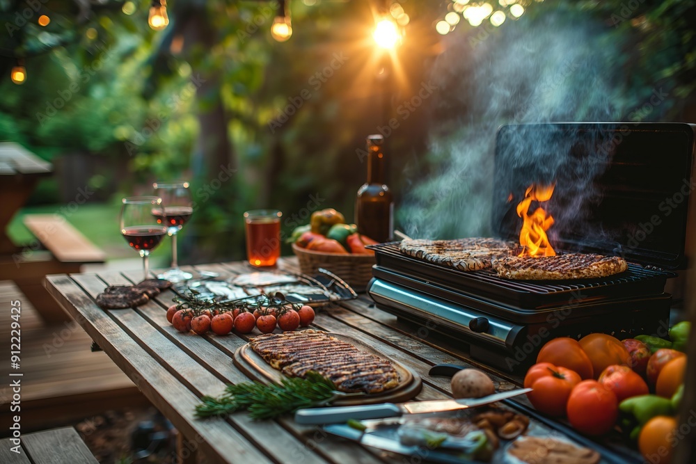 Outdoor gas grill with delicious food on a wooden table in the backyard during sunset Outdoor gas grill with delicious food on a wooden table in the backyard during sunset