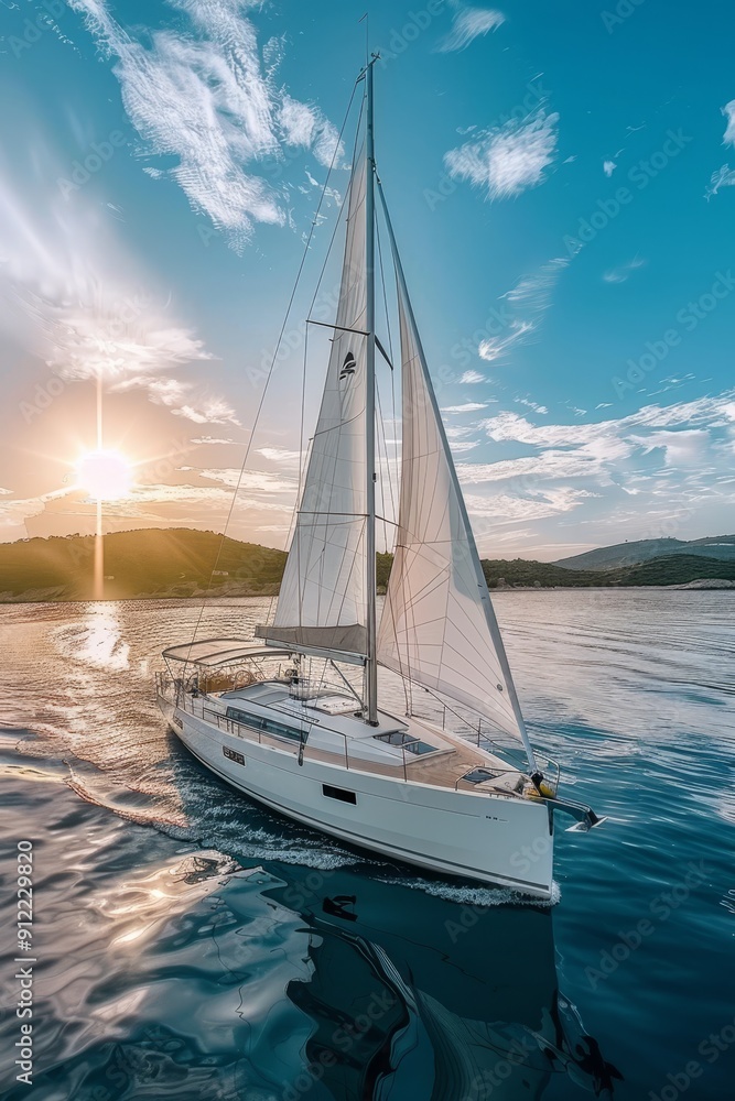 Fototapeta premium Luxury Yacht Sailing into the Sunset A Picture of Tranquility and Adventure on the Open Sea