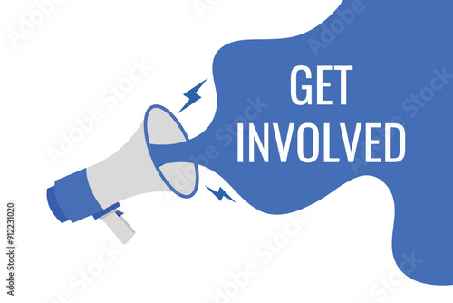 get involved button, banner, label, template for website. get involved text with colorful megaphone icon
