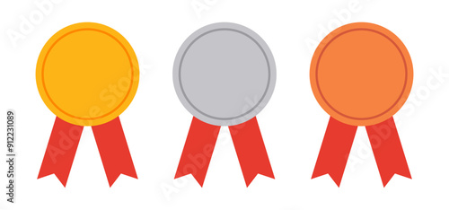 Medal award with ribbon vector design. Gold, silver, and bronze medal. Sport winner tournament competition.