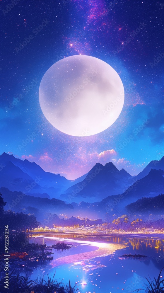 Fototapeta premium Enchanting Anime-Inspired Night Landscape: Moonlit River and Starry Mountains. Captivating 4K Wallpaper Blending Cartoon Aesthetics with Serene Nature for Game Art, Book Illustrations, and Digital Cre