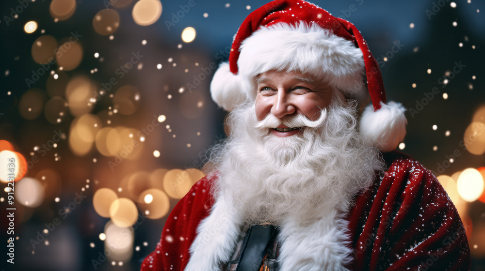 A Joyful Santa Claus Smiles Amidst Snowflakes and Festive Lights During the Christmas Season A Joyful Santa Claus Smiles Amidst Snowflakes and Festive Lights During the Christmas Season