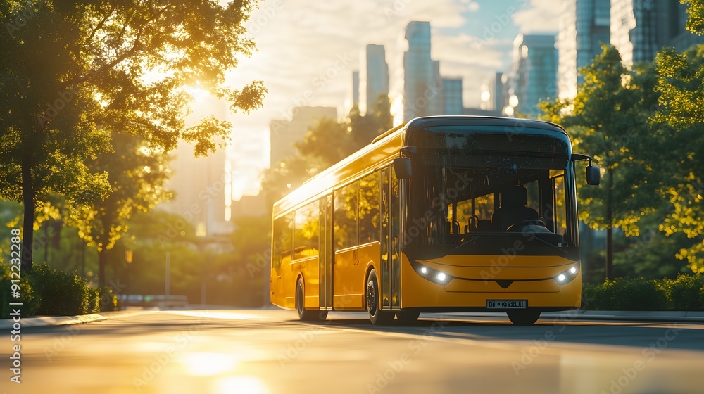 Obraz premium Modern electric school bus, bright afternoon sun, blurred cityscape background, sleek and eco-friendly design, vibrant and clean, artistic emphasis on sustainability, mood of innovation and progress