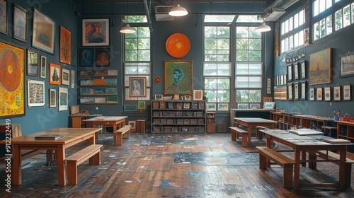 Art Classroom with Student Artwork Displayed photo