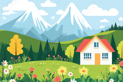 vector illustration of a green meadow with trees flowers and mountains in the background