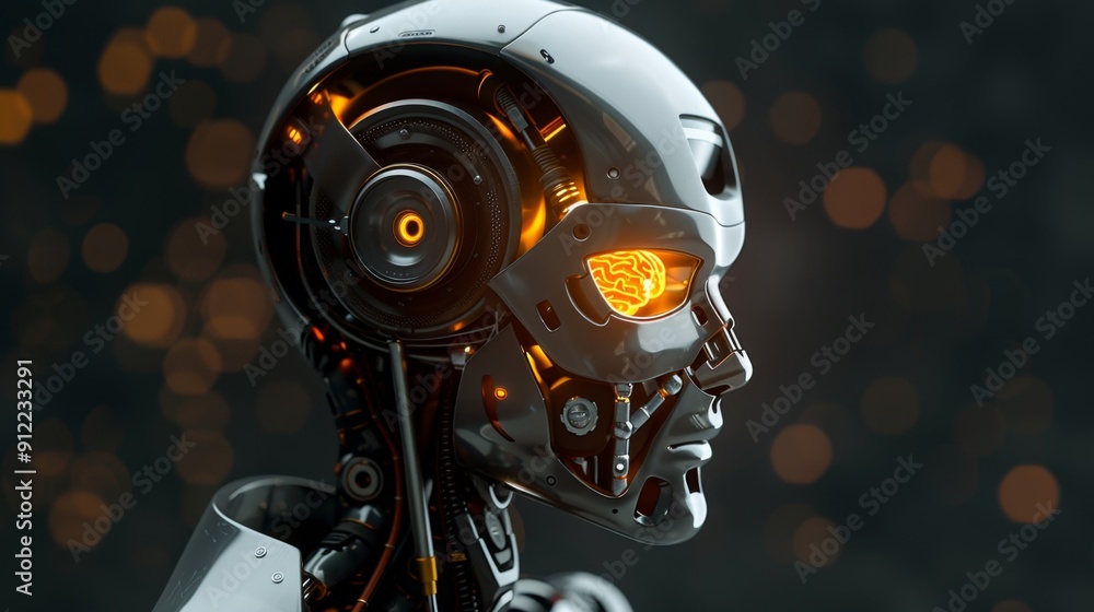 Illuminated Robot Head Revealing Glowing Brain Inside, Technology Concept