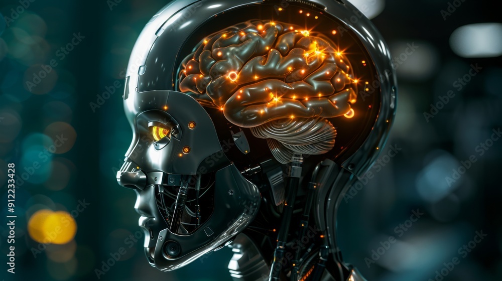 Fototapeta premium Futuristic Robot Head Showing Glowing Brain Inside, Artificial Intelligence Concept