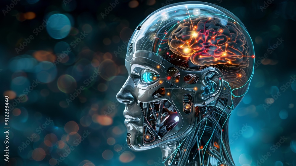 Cybernetic Robot Head with Glowing Visible Brain - Artificial Intelligence Concept Cybernetic Robot Head with Glowing Visible Brain - Artificial Intelligence Concept