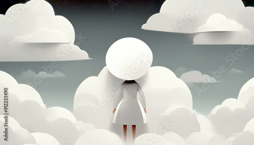 Eine einsame Frau versteckt den Kopf in einer Wolke. Grafik für soziale Medien, Logo, Icon, Poster, Hintergründe.