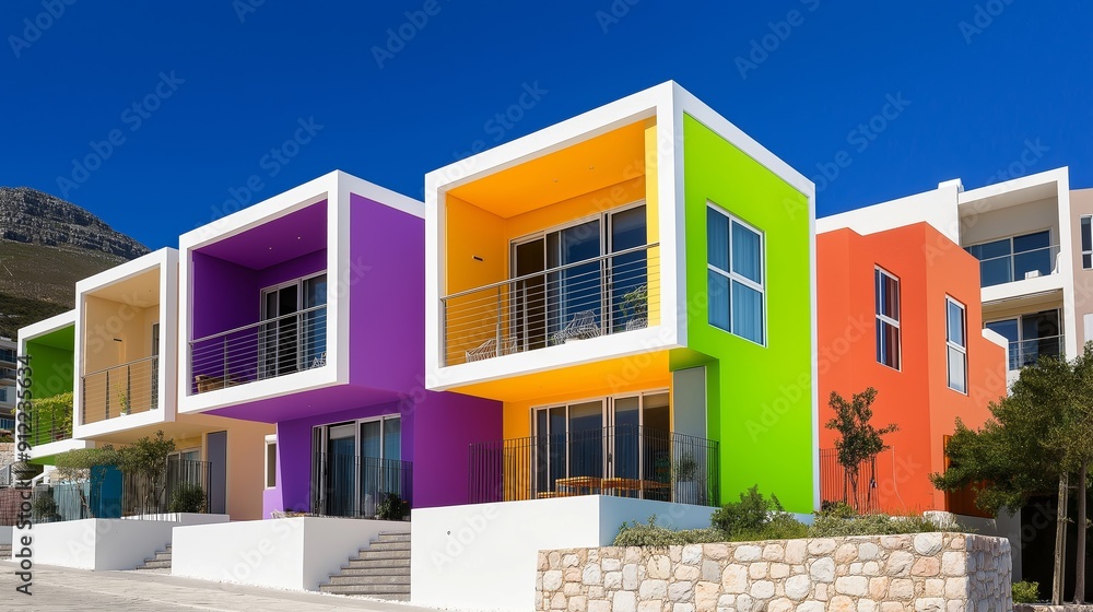 A row of colorful houses are lined up on a beach. The houses are painted in different colors, including pink, blue, and green. The houses are situated near the water A row of colorful houses are lined up on a beach. The houses are painted in different colors, including pink, blue, and green. The houses are situated near the water