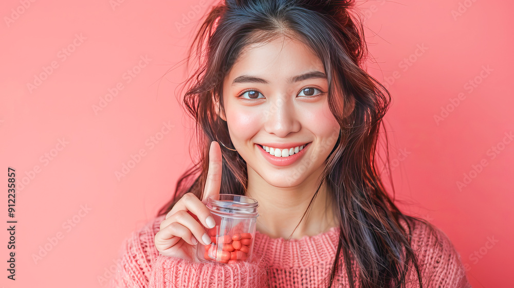 Young woman holding jar of pills and pointing up with finger on pink background Young woman holding jar of pills and pointing up with finger on pink background