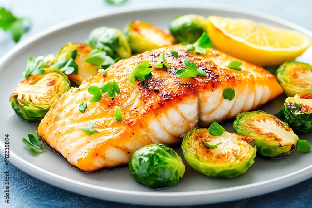 Delicious grilled salmon served with brussels sprouts and lemon, a perfect meal for health enthusiasts and seafood lovers. Delicious grilled salmon served with brussels sprouts and lemon, a perfect meal for health enthusiasts and seafood lovers.