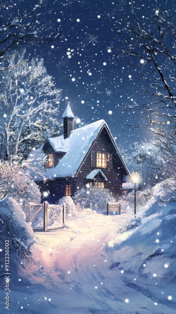 Naklejka premium Snowy Sanctuary: An Animated Snow Scene with a Peaceful Winter Retreat in a Secluded Haven