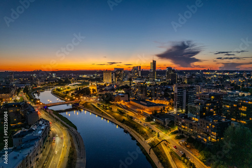 Aerial summer night view of Vilnius old town, Lithuania