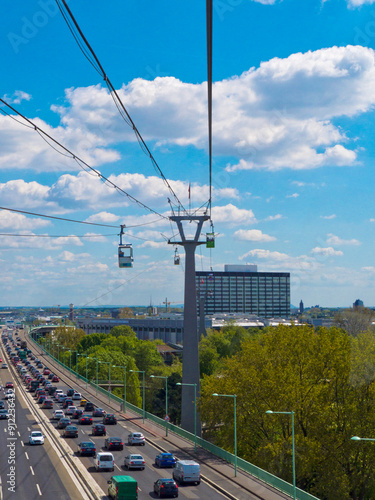 The Cologne cable car connects the Rheinpark with the zoo on the other side of the Rhine in Colgne city, Germany.