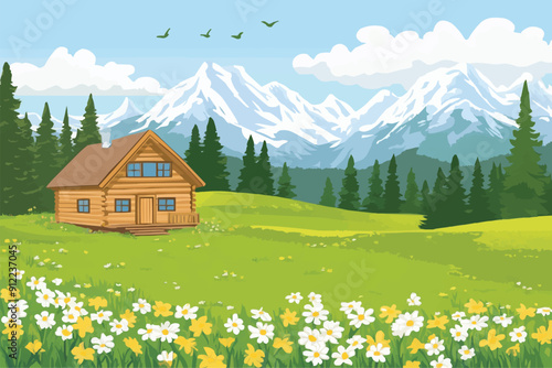 vector illustration of a green meadow with trees flowers and mountains in the background