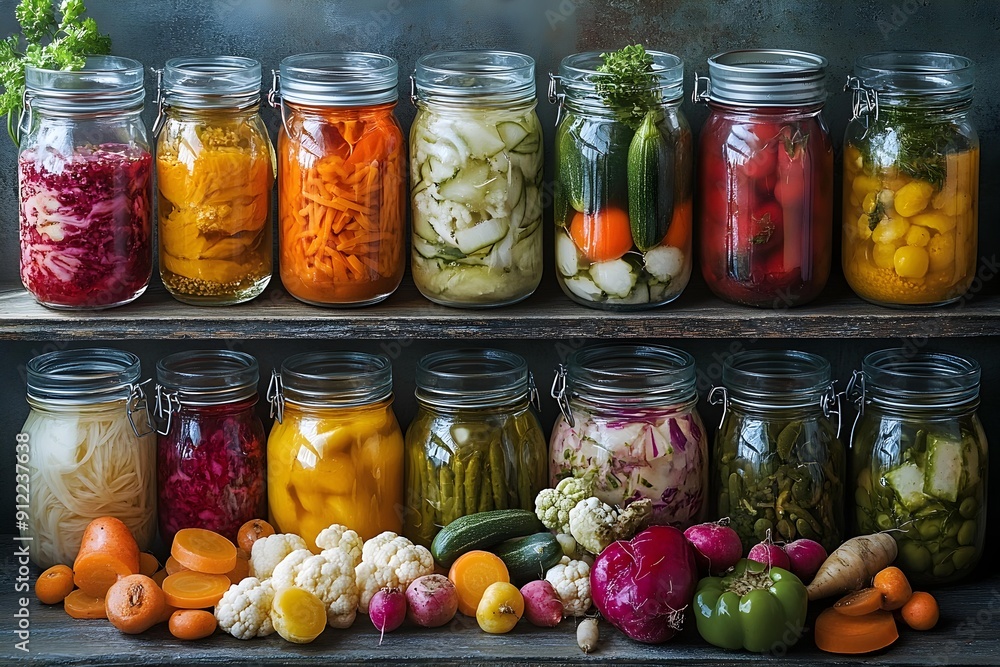 pickled vegetables in a glass wallpaper vibrant collection of assorted fermented foods displayed in clear glass jars, featuring a colorful array of textures and hues from vegetables and fruits pickled vegetables in a glass wallpaper vibrant collection of assorted fermented foods displayed in clear glass jars, featuring a colorful array of textures and hues from vegetables and fruits