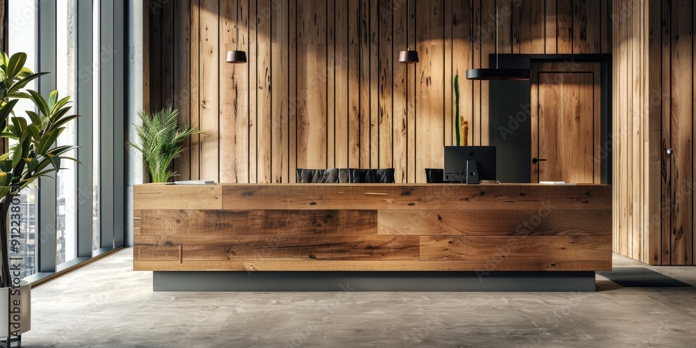 Wooden front reception desk in a spacious coworking office area Wooden front reception desk in a spacious coworking office area