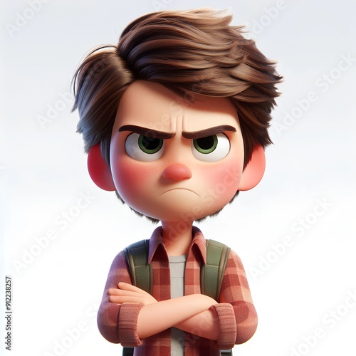 3d charachter  a young man angry person portrait, white background.  Human people feelings expression concept