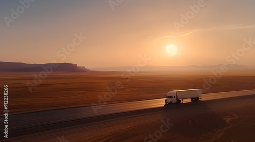 Large semi-truck traveling over a deserted road in the southwest of the United States