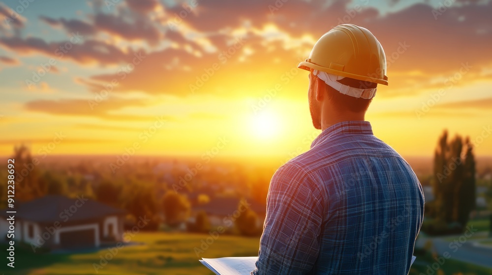 Construction Worker Overlooking Sunset Landscape Construction Worker Overlooking Sunset Landscape