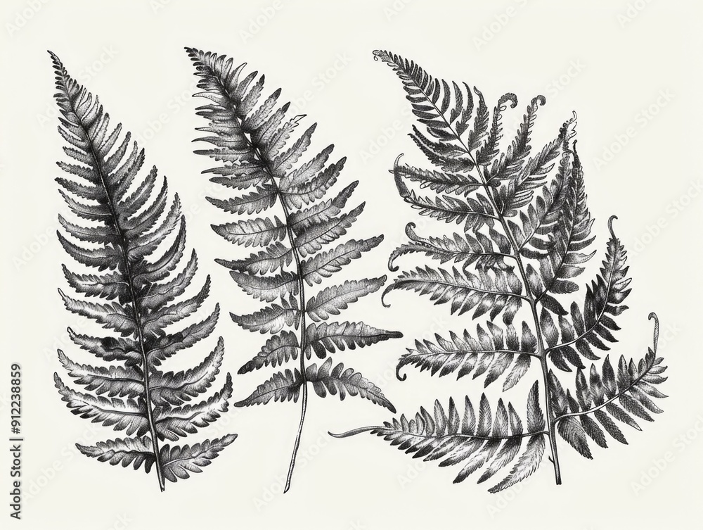 Naklejka premium Detailed Monochrome Fern Sketches Botanical Line Art These intricate hand drawn fern sketches capture the elegant and organic forms of nature in a striking black and white palette