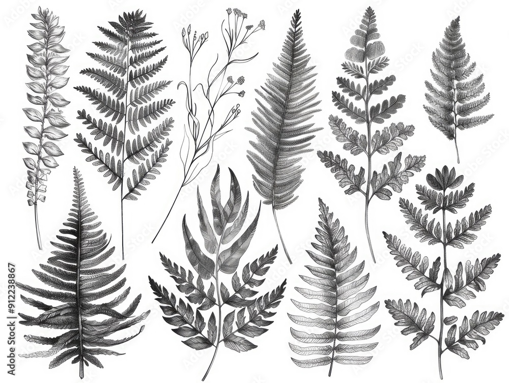 A collection of detailed line art sketches depicting the intricate forms and textures of various fern leaves presented in a monochrome black and white aesthetic A collection of detailed line art sketches depicting the intricate forms and textures of various fern leaves presented in a monochrome black and white aesthetic