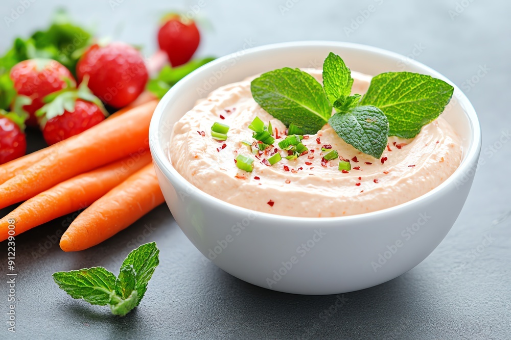 Fresh vegetable dip with mint and carrot, served in a white bowl with vibrant strawberries, perfect for healthy snacking. Fresh vegetable dip with mint and carrot, served in a white bowl with vibrant strawberries, perfect for healthy snacking.