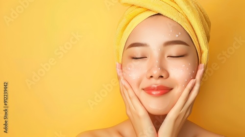 Woman with Yellow Towel Applying Skincare Cream photo