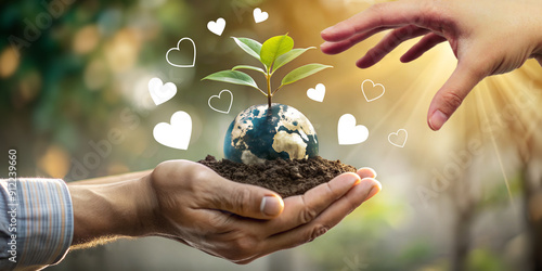 Abstract Background. Hand with the world of toys and growing trees concept with symbols of love and sustainable environmental care. eco, growth, sustainability, environment, care