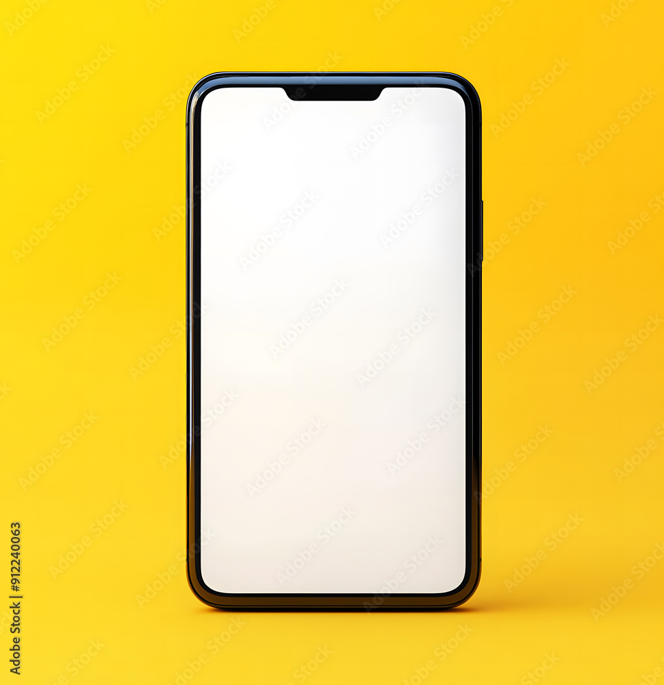 A modern smartphone with a sleek black frame and a blank white screen is displayed against a vibrant yellow background. The phone is centered and viewed from above, emphasizing its minimalist design A modern smartphone with a sleek black frame and a blank white screen is displayed against a vibrant yellow background. The phone is centered and viewed from above, emphasizing its minimalist design