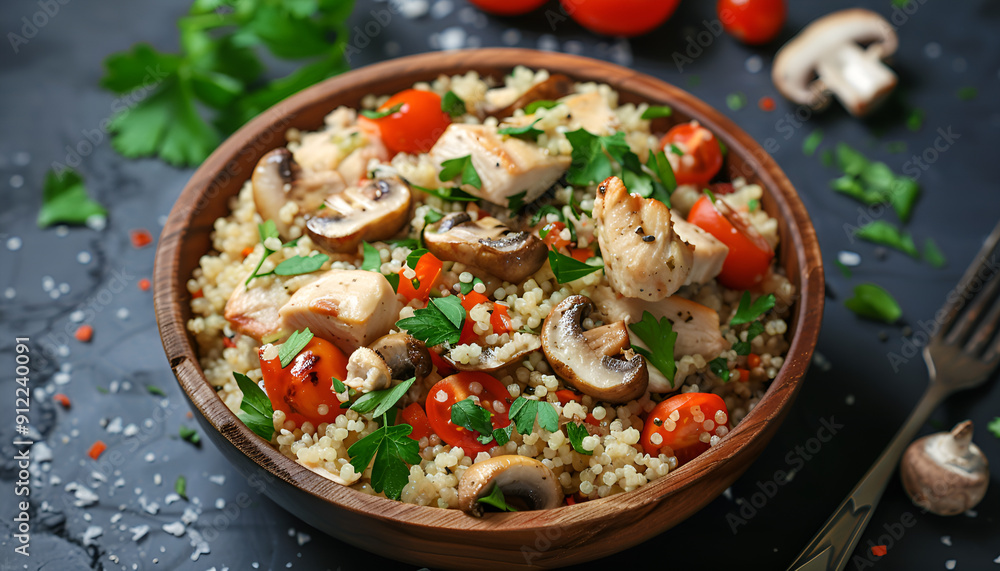 Bulgur with chicken, mushrooms and tomatoes in a wooden bowl. Top view Bulgur with chicken, mushrooms and tomatoes in a wooden bowl. Top view