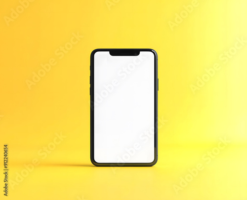 A modern smartphone with a sleek black frame and a blank white screen is displayed against a vibrant yellow background. The phone is centered and viewed from above, emphasizing its minimalist design Free Download A modern smartphone with a sleek black frame and a blank white screen is displayed against a vibrant yellow background. The phone is centered and viewed from above, emphasizing its minimalist design - GFXLoad