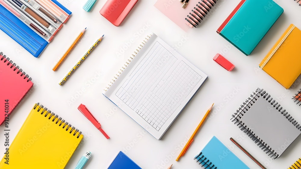 Bird-eye view of a flat lay featuring various school supplies: notebooks, colored pencils, and erasers, on a white background, soft, even illumination, clean and orderly presentation, mood of Bird-eye view of a flat lay featuring various school supplies: notebooks, colored pencils, and erasers, on a white background, soft, even illumination, clean and orderly presentation, mood of