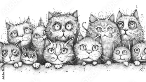 Whimsical doodle art featuring a group of playful expressive feline characters with quirky imaginative and amusing designs and expressions