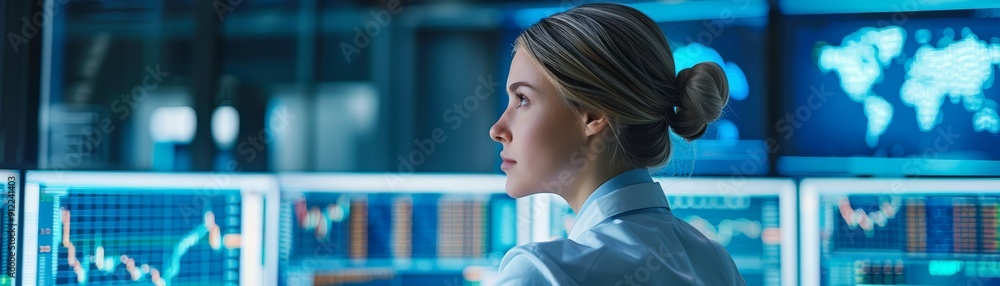 Woman Analyzing Financial Data on Multiple Screens Woman Analyzing Financial Data on Multiple Screens